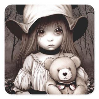 Little Girl with Teddy Bear in Scary Woods Square Sticker