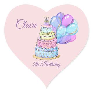 Little Girl's Princess Birthday Cake Balloons Heart Sticker