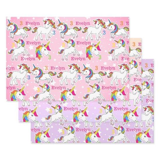 Little Girl's Unicorn Birthday Name & Age 3  Sheets