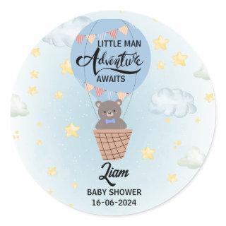 little man adventure awaits bear baby shower classic round sticker