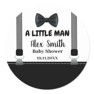 Little Man Boy Black Grey Bow Tie baby shower Classic Round Sticker