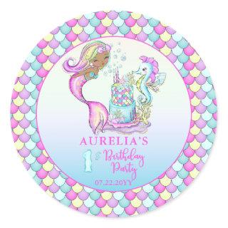 Little Mermaid of Color - Girl 1st Birthday Party Classic Round Sticker