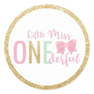 Little Miss ONEderful 1st Birthday Favor Gold Pink Classic Round Sticker