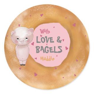 Little Piggy "With Love & Bagels" | Blush Pink Classic Round Sticker