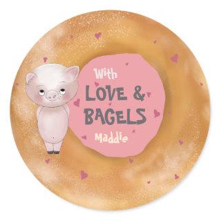 Little Piggy "With Love & Bagels" | Salmon Pink Classic Round Sticker
