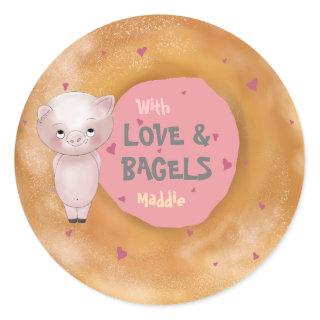 Little Piggy "With Love & Bagels" | Salmon Rose Classic Round Sticker