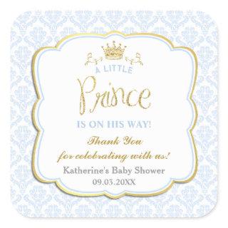 Little Prince Blue Damask Gold Crown Baby Shower Square Sticker