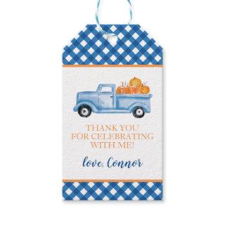 Little Pumpkin blue truck plaid first birthday Gift Tags