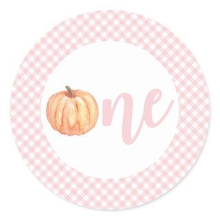 Little Pumpkin pastel pink plaid first birthday Classic Round Sticker