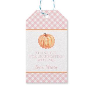Little Pumpkin pink plaid first birthday Gift Tags