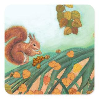 Little Red Squirrel Eats Hazelnuts Illustration Square Sticker