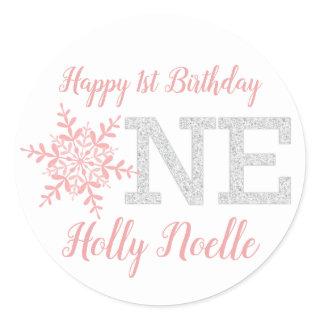 Little Snowflake Pink Silver Glitter 1st Birthday Classic Round Sticker