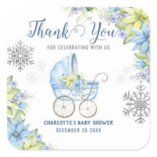 Little Snowflake Winter Floral Blue Baby Shower Square Sticker