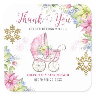 Little Snowflake Winter Floral Pink Baby Shower Square Sticker
