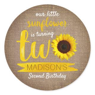 Little Sunflower Rustic Burlap 2nd Birthday Classic Round Sticker
