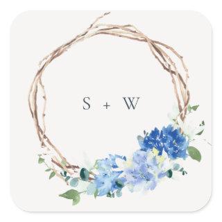 Lively Blue Floral Wooden Wreath Wedding Monogram Square Sticker