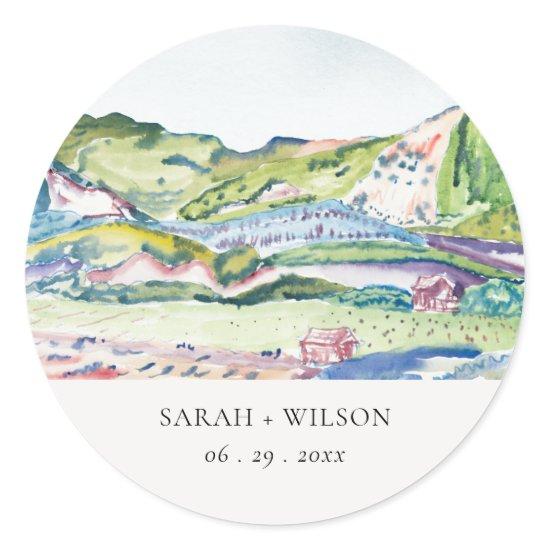 Lively Mountain Scape Blush Watercolor Wedding Classic Round Sticker