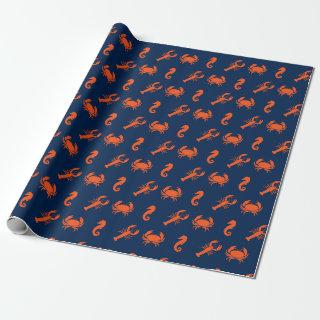 Lobster crab seahorse navy orange pattern coastal