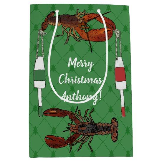 Lobsters and Fishing Buoys on Green Christmas  Medium Gift Bag