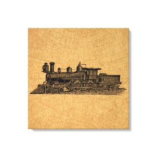 Locomotive Train Vintage Steam Engine & Map Style Canvas Print