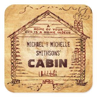 Log Cabin Personalized Faux Wood Square Sticker