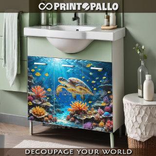 Loggerhead sea turtle diving in reef and corals tissue paper
