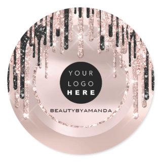 Logo Name Body Makeup Artist  Drips Rose Glitter Classic Round Sticker