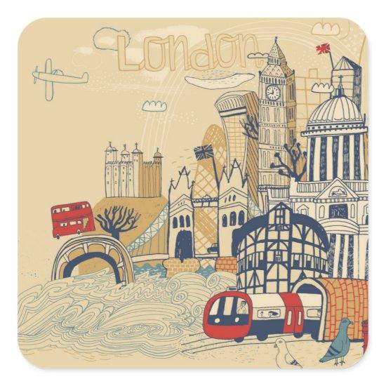 London Doodle Scene Square Sticker