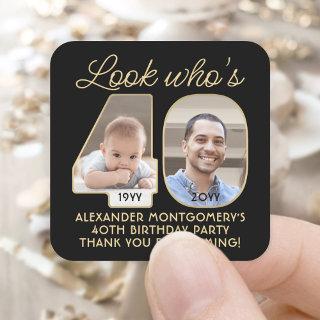 Look Who's 40 Black & Gold Birthday Party 2 Photo Square Sticker