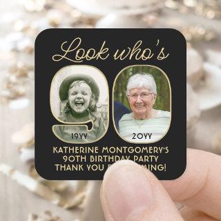Look Who's 90 Black & Gold Birthday Party 2 Photo Square Sticker