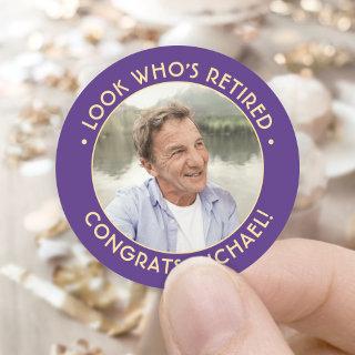 Look Who's Retired Purple Retirement Party Photo Classic Round Sticker