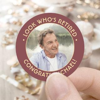 Look Who's Retired Red Gold Retirement Party Photo Classic Round Sticker