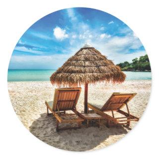 Lounge chairs on beach throw pillow classic round sticker