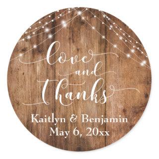 Love and Thanks, Rustic Brown Wood & Lights Classic Round Sticker