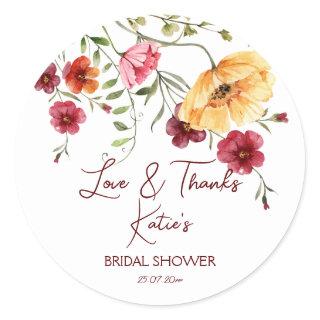 Love is in bloom burgundy flowers bridal shower  classic round sticker