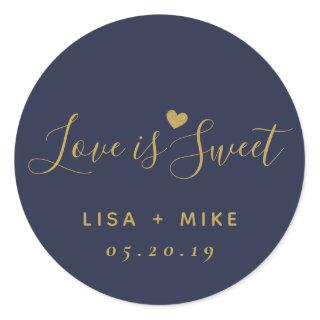 Love is Sweet Personalized Wedding Favor Navy Blue Classic Round Sticker