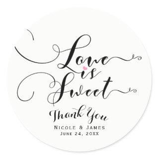 Love is Sweet Pink Heart Custom Wedding Favor Classic Round Sticker