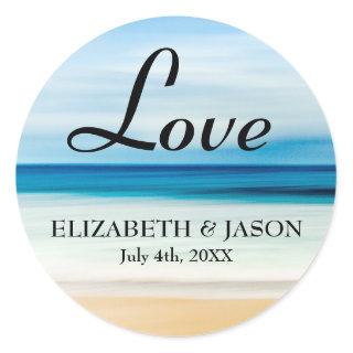 Love on the Beach, Bride & Groom Names, Classic Round Sticker