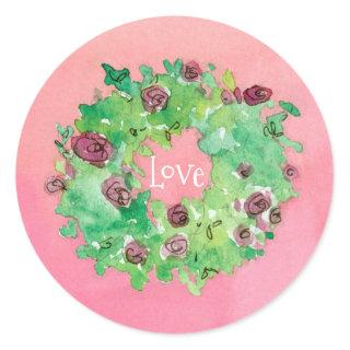 Love Rose Wreath Watercolor Classic Round Sticker