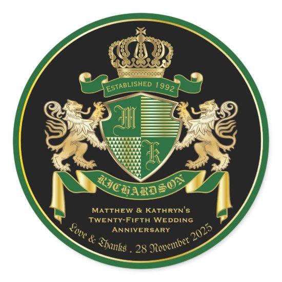 Love & Thanks Coat of Arms Green Gold Lion Emblem Classic Round Sticker
