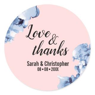 Love & thanks Pink Blue Watercolor Gold frame Classic Round Sticker