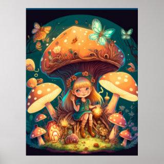 Lovely cute elves play under mushrooms    poster