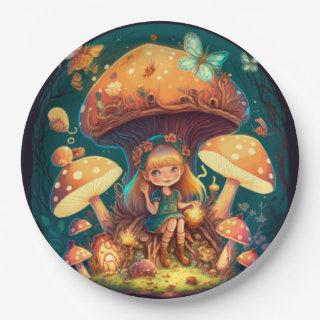 Lovely cute elves play under mushrooms  round pill paper plates