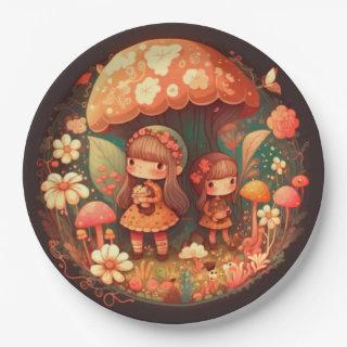 Lovely cute elves play under mushrooms  round pill paper plates