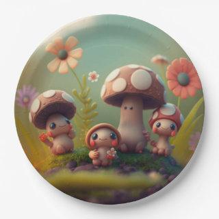 Lovely cute elves play under mushrooms  round pill paper plates