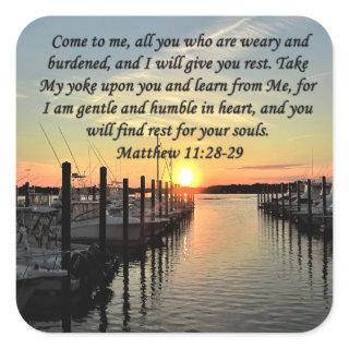 LOVELY MATTHEW 11:28 SUNSET OVER THE LAKE PHOTO SQUARE STICKER