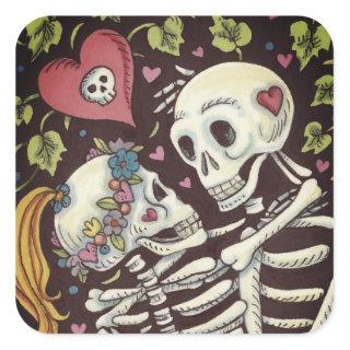 LOVERS AMONG THE IVY, SWEETHEART SKELETONS EMBRACE SQUARE STICKER