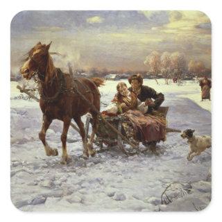 Lovers in a sleigh square sticker
