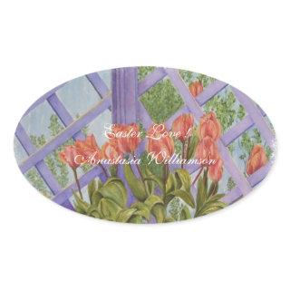 LOVING EASTER ORANGE TULIPS .. OVAL STICKER