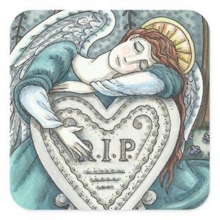 LOVING GUARDIAN ANGEL, CEMETERY MOURNING ART RIP SQUARE STICKER